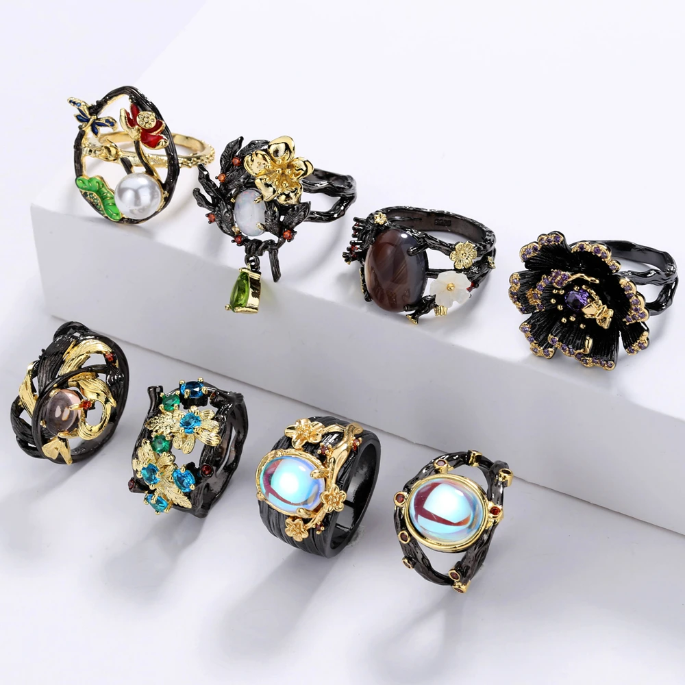 Anillos de cristal de circonita AAA para mujer, joyería Bohemia elegante de lujo, Color negro y dorado, piedra lunar, Serie de flores, tendencia