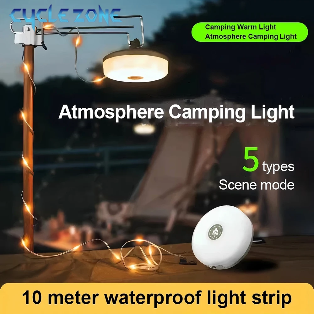 Lámpara LED de Camping con tira de carretes, luces de ambiente, cinturón de luz reciclable de 10M, lámpara de decoración de jardín al aire libre para tienda de campaña