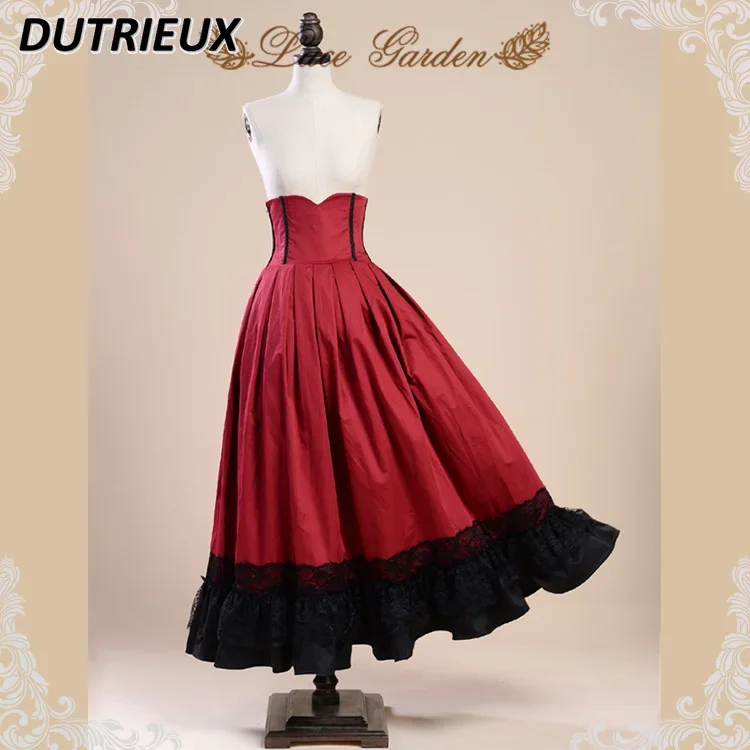 

Retro French Lace Splicing High Waist Long Skirt Autumn and Winter Sweet Girls Versatile Lace-up Pleated Big Swing Skirts