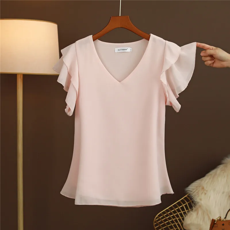 Elegant Short Sleeve Korean Chiffon Blouse Women Casual Fashion White Yellow Pink Ruffle Sleeve V Neck Summer Slim Shirts Tops