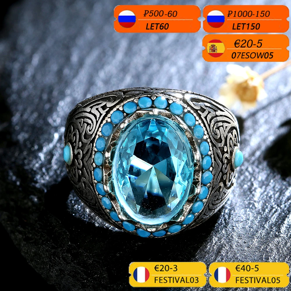 Silver Color Ring for Men with Oval Blue Zircon Stone Ring Aquamarine Gemstone Jewelry Male Thai Silver Party Jewelry Gifts