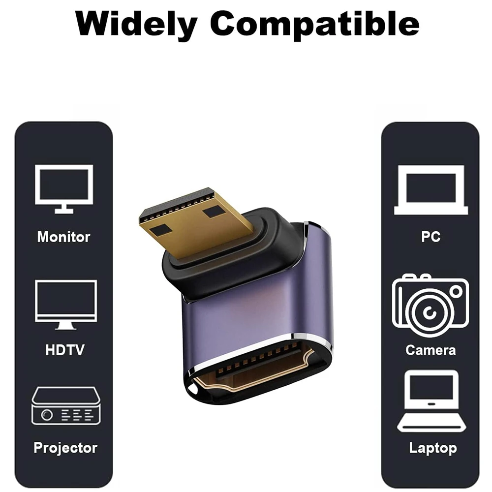 Mini-HD to HD2.0 8K UHD 48Gbps 90 Degree Up/Down/Left/Right Angle Adapter for Laptop Tablet Camera Camcorder HDTV Monitor