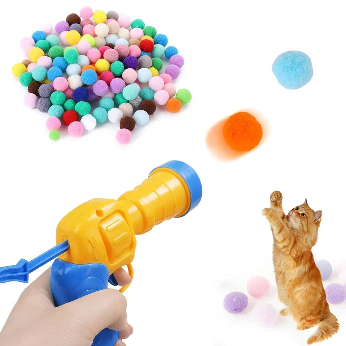 Cat Toys Interactive Launch Training Toy Mini Shooting Gun Games Stretch Plush Ball Toys Pet Supplies(100 Balls)