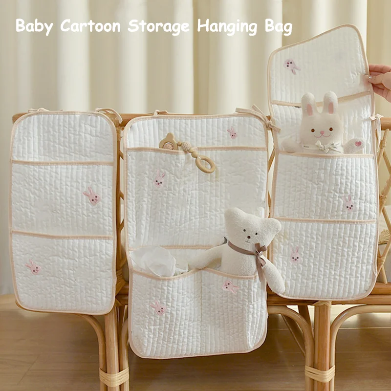 Crib Storage Hanging Bag Cotton Quilted Diaper Hanging Bag for Nursery Crib Stroller Hanging Organizer for Diaper Bottle Toys