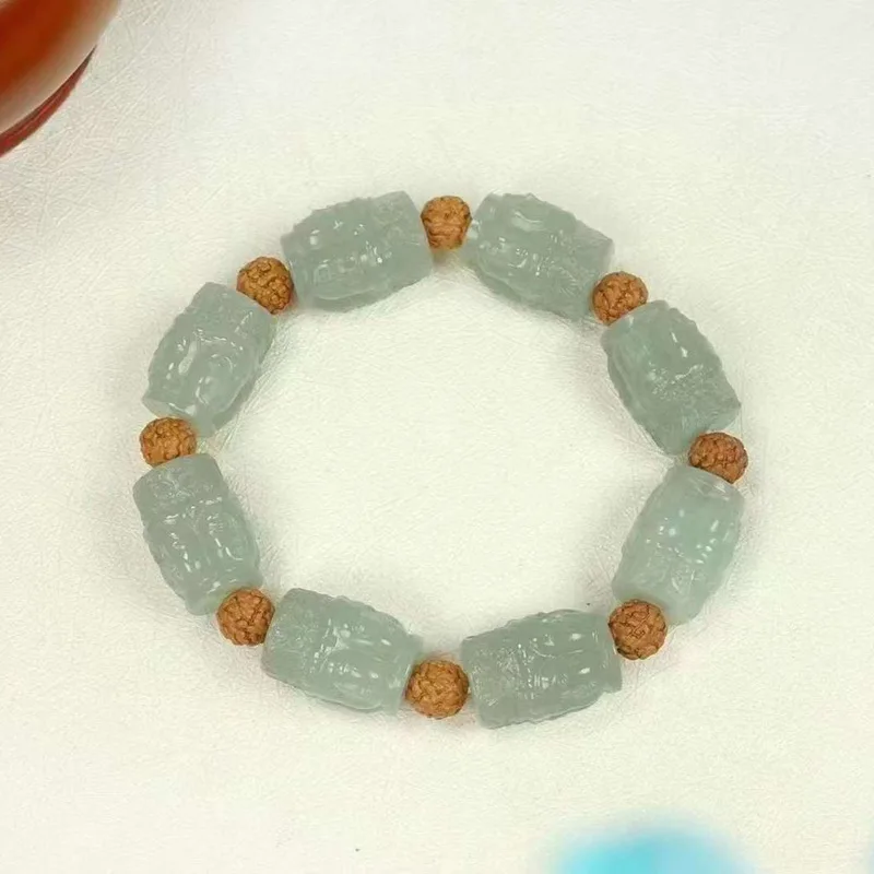 Natural Xinjiang Hetian Jade Qiemo Blue Four-Sided Guanyin Men's Carving Barrel Shaped Bead Bracelet