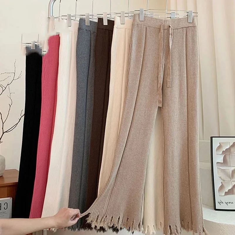 ハイウエストのややフレアしたタッセルファー付きニットワイドレッグパンツ、秋のピットストリップドレープフロアーモービングフレアパンツ（女性用）