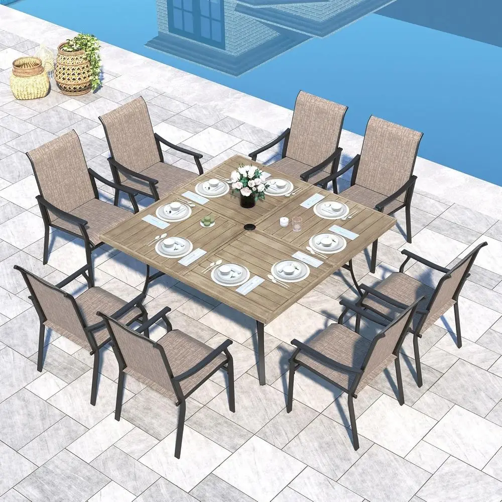 

9-Piece Patio Dining Set: 8 Textilene Chairs & Large Square Outdoor Table, All-Weather, Supports 350lbs