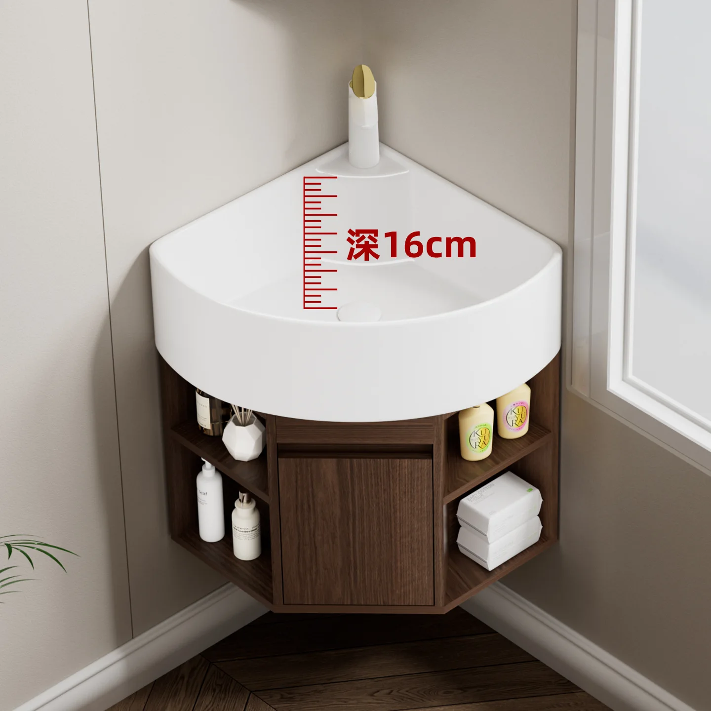 HYS used small apartment corner bathroom cabinet, triangle cabinet, washbasin, deepened ceramic integrated basin