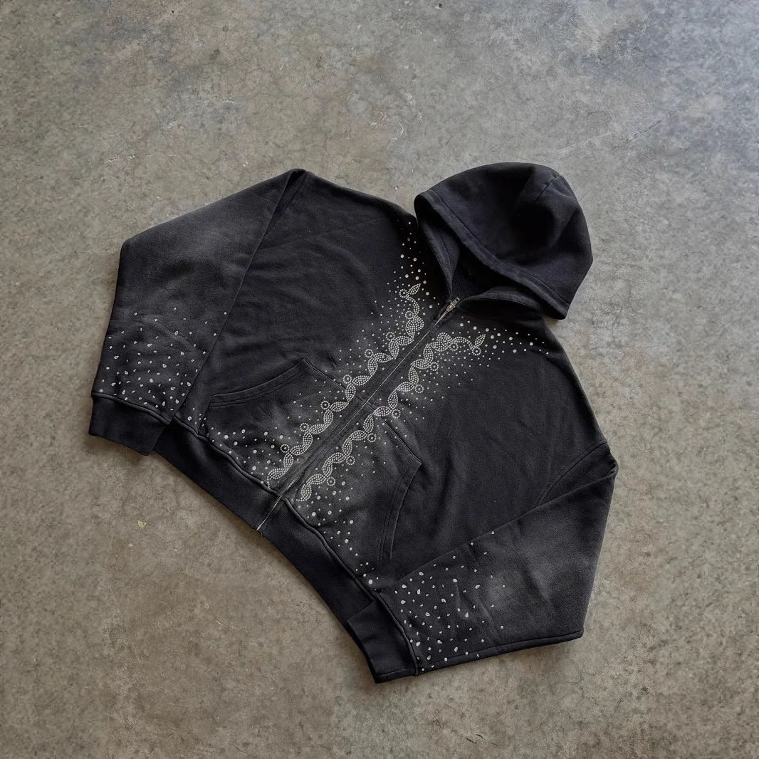 2025 Autumn New Gothic Loose Zipper Hoodie Women's Fashion Hot Diamond Pattern Street Hip Hop Hoodie Coat Y2k Streetwear Women