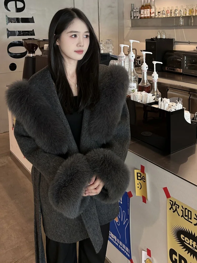 2025年冬 レディース 暖かい本物の天然フォックスファーコート 100%ウール ウールカシミヤ フード付きジャケット 高級厚手女性用コート