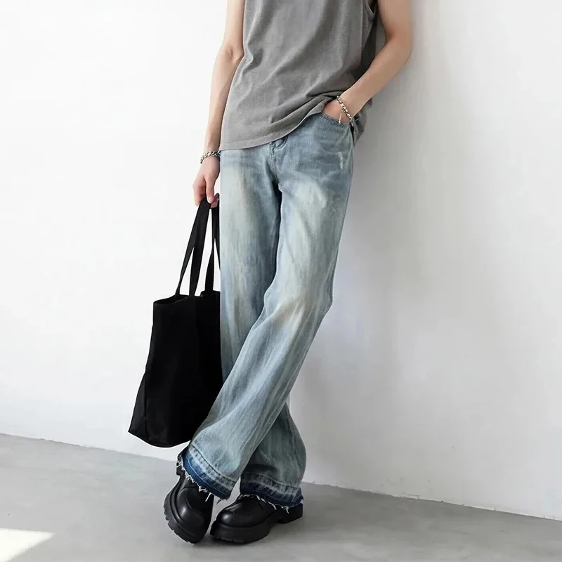 

Vintage Men's Frayed Hem Jeans Light Blue Distressed Wide Leg Baggy Fit Casual Streetwear Premium Denim Pants