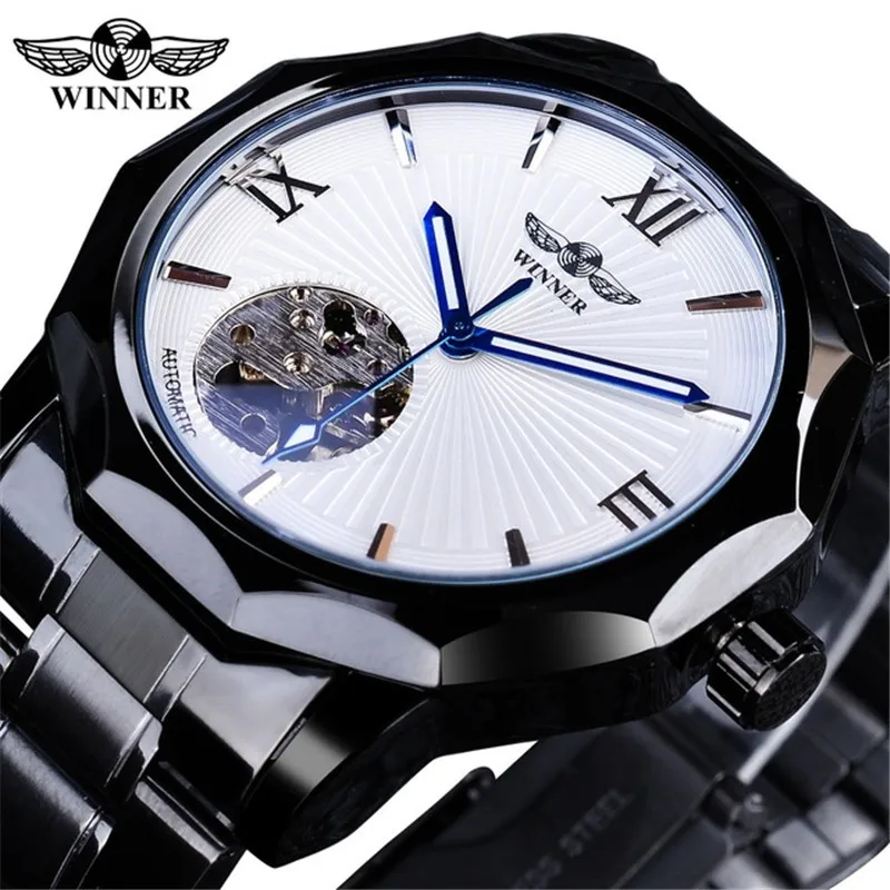 Fashion Winner Top Brand Men\'s Casual Hollow Mechanical Movement Automatic Mechanical Full Black Stainless Steel Wrist Watches