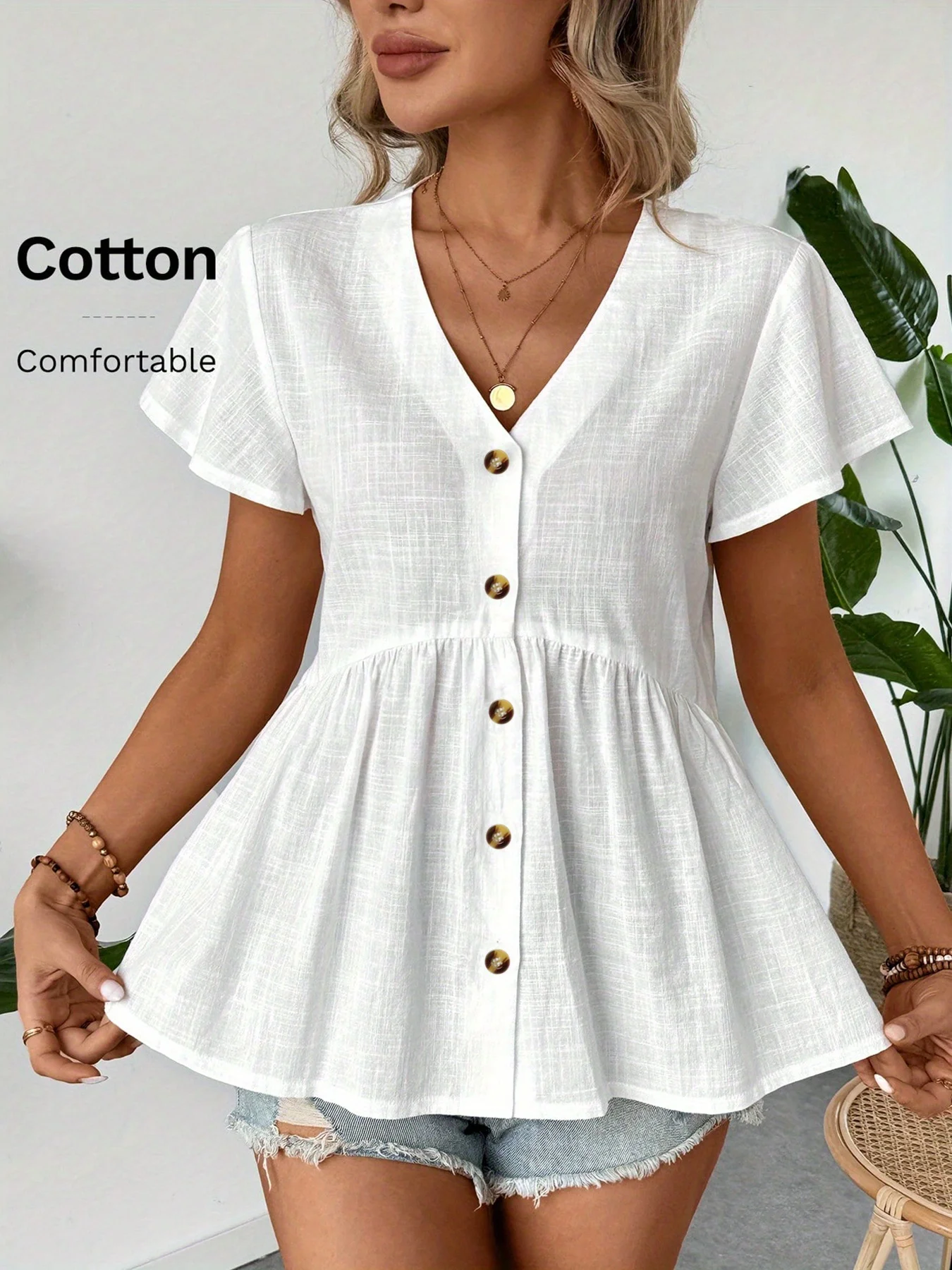 Women's Minimalist 100% Cotton Short-Sleeve Shirt with Deep V-Neck, Button-Front, Cinched Waist, and Ruffled Hem