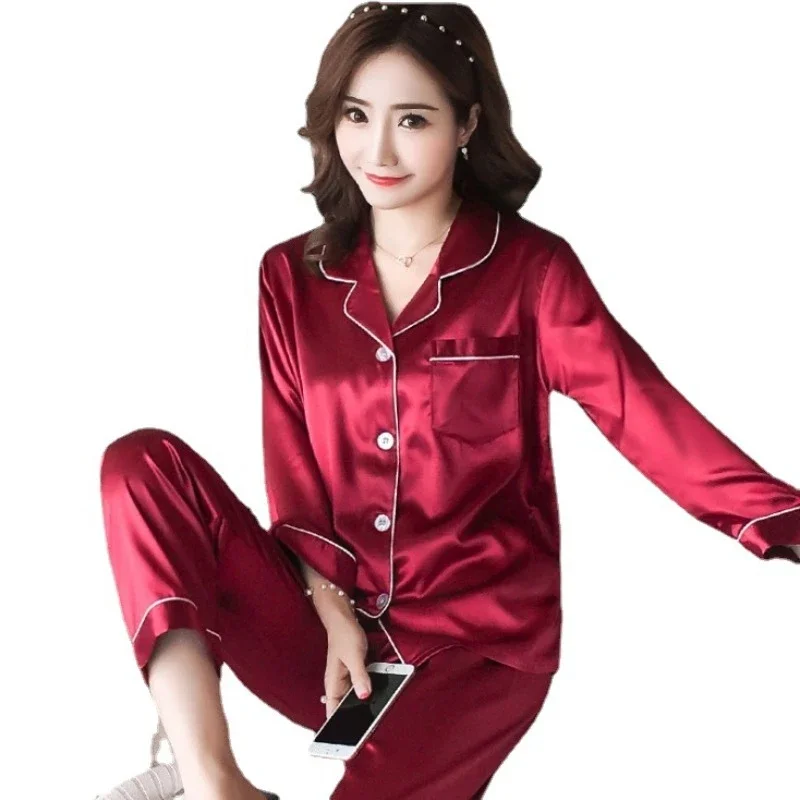 Pyjama-Sets für Frauen sexy Seide Frauen Pijama-Sets Nachtwäsche Langarm-Strickjacke Set weibliche Eis Seide Pyjamas Heim kleidung