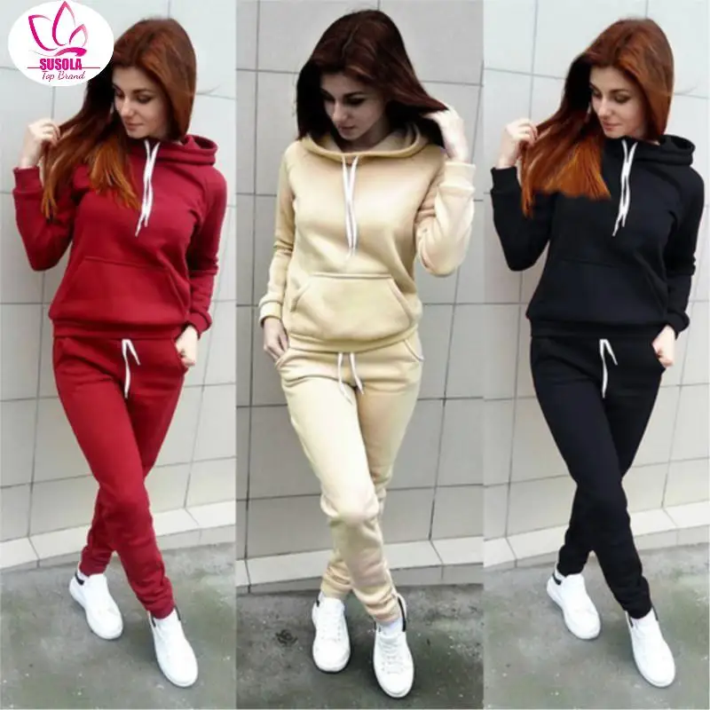 SUSOLA Lady Autumn Winter 2 Piece Set Women Hoodie Pants Tracksuit Pullover Sweatshirt Trousers With Pockets Tracksuit Suits