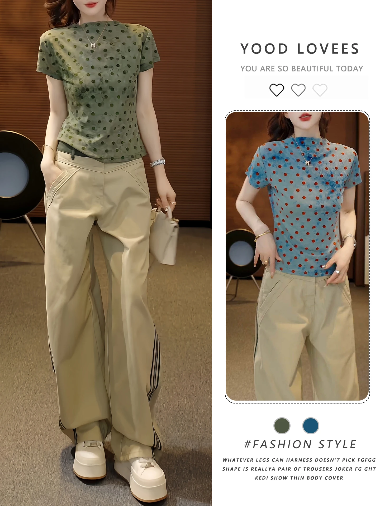 

Anti-Aging Spring Summer Casual Polka Dot T-Shirt Slim Wide Leg Casual Pants Two-Piece Set Women's Korean Style Stand Collar ...