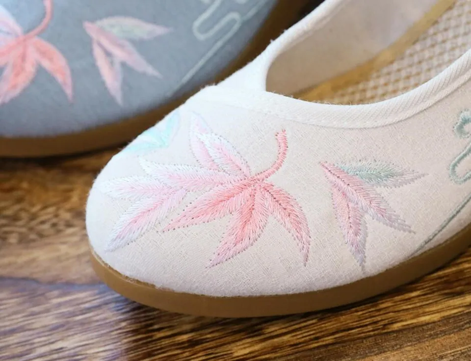 Women Ankle Button Strap Pumps Ethnic Embroidery Mary Jane Dress Shoes Mid Heel Cotton Fabric Espadrilles Vintage Sandals