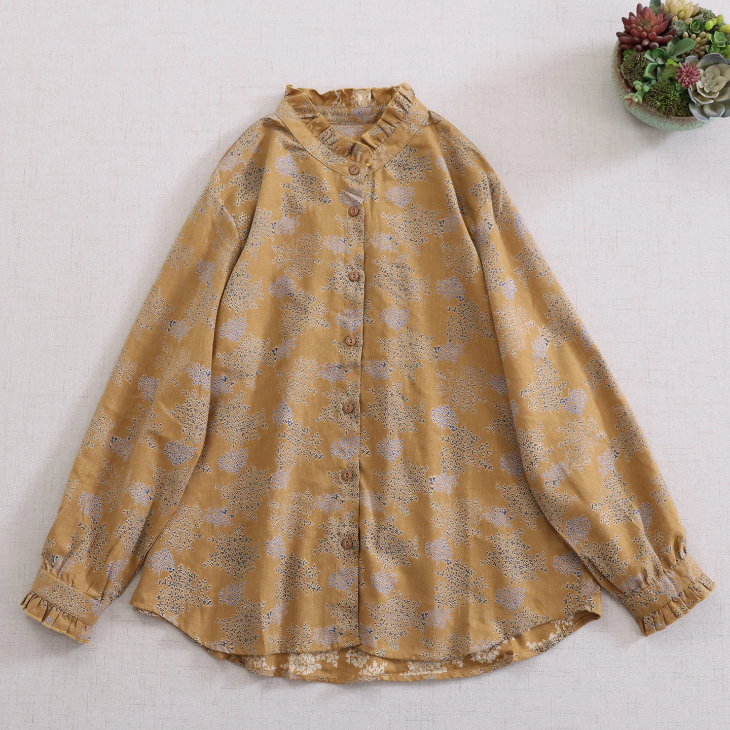 

Japanese Mori Girl Vintage Floral Printed Cotton Shirts Women Spring Autumn Stand Collar Long Sleeve Casual Loose Blouse Tops