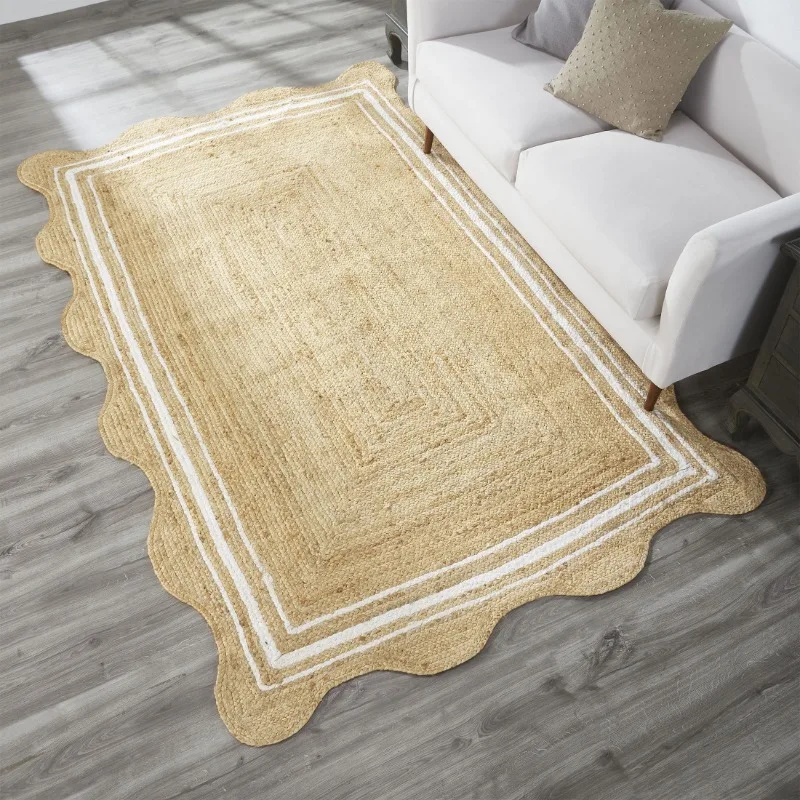 Natural/White Scallop Jute with Border Area Rug, carpets for living room , carpet  5' x 8'