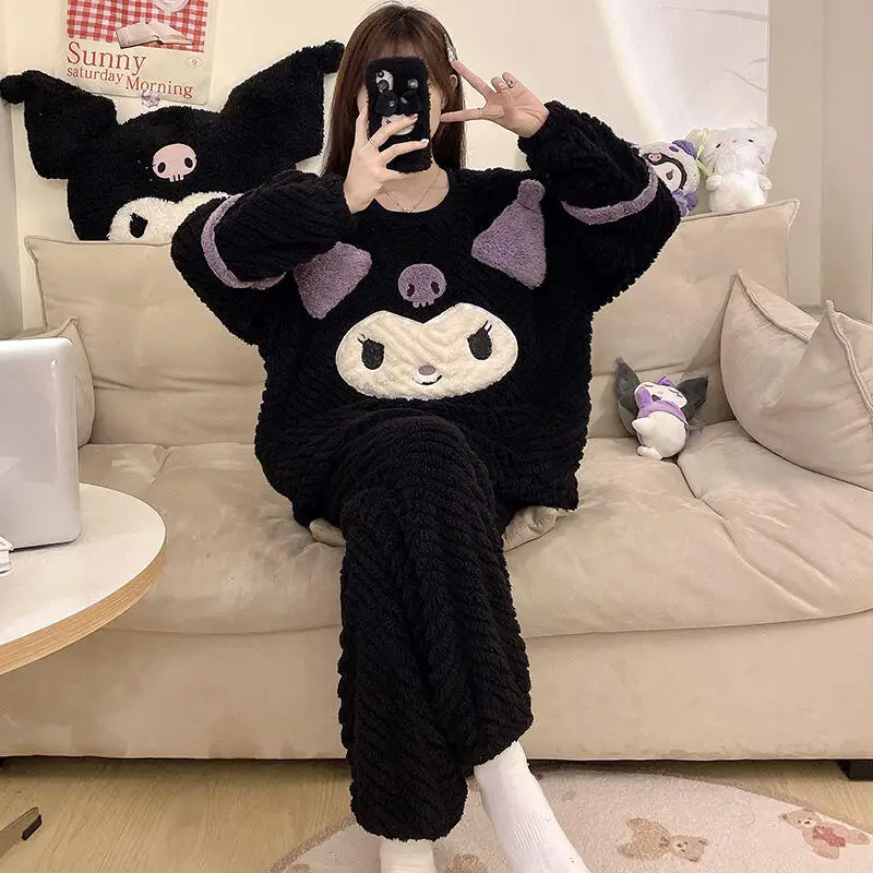 Sanrio nuevo estilo pijamas 2 uds Kuromi Coral franela ropa de hogar Otoño e Invierno franela agregar franela gruesa conjunto Casual caliente
