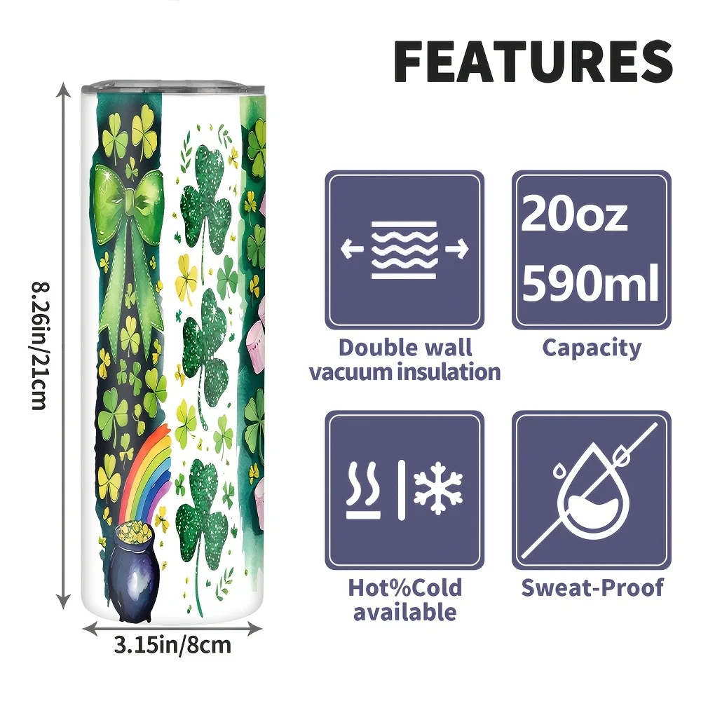 1pc/20oz/590ml/Double Wall Stainless Steel Insulated Skinny Tumbler with Straw And Lid,Outdoor Travel Coffee Mug,St. Patrick's Day Decorative with Clover, Rainbow, and Pot of Golden Design - Perfect for Festive Giftsing,Ideal for Birthday
