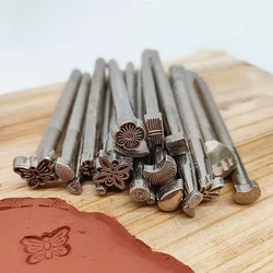 20PCS Pottery Stamps for Embossing Leather Tools Stainless Steel Flowers Punch DIY Ceramic Manual Stamp Printing Mold Set