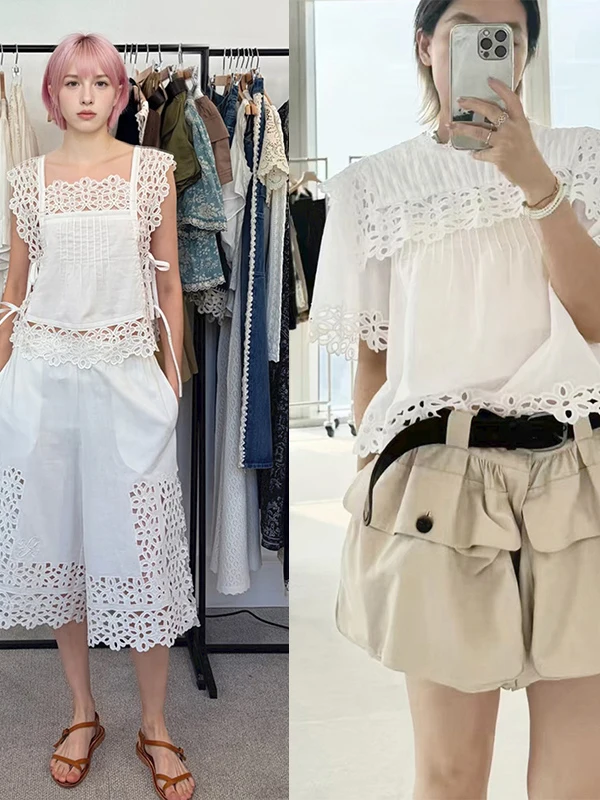 

Spring Summer 2026 Women's White Hollow out Square Collar T-Shirt with Bow Tie Flying Sleeve Top And Loose mid Length Pants Set