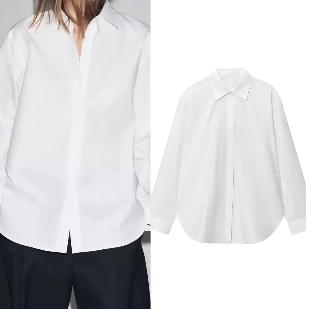 

Женская новая мода 2025 года, свободная базовая стильная белая рубашка из поплина с лацканами, женская рубашка на пуговицах в стиле ретро с длинными рукавами, шикарный топ
