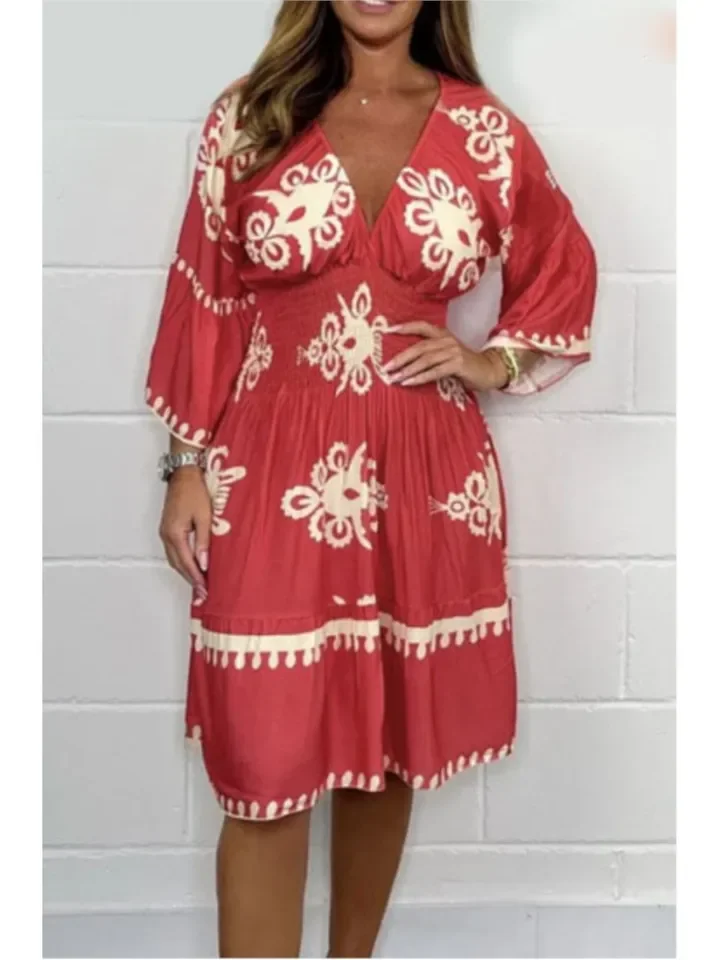 Fashion Boho Print Dress Lady Casual Sexy V Neck High Waist Loose Dresses For Women Holiday Beach Party Skirts Womens Clothing