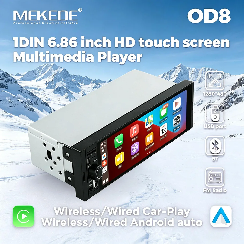 MEKEDE OD8 6,86 Zoll 1280*480 1 Din MP5-Player Autoradio Kabelloses Carplay Android Auto Multimedia-Player 1Din FM Autoradio Stereo IPS Touchscreen-Display AUX USB Typ-C Anschluss Autoradio