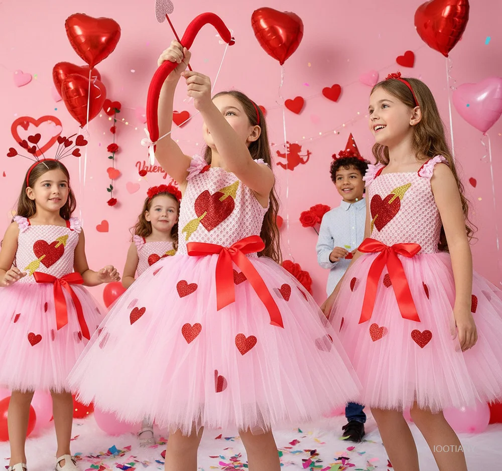 

New Valentine's Day Cupid Heart Dress Girl Character Outfit Cupid Tutu Props Set Wedding Party Flower Girl Cute Children's Gown