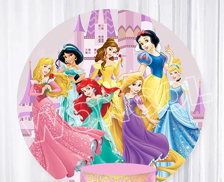 Disney Princess Round Backdrop Aurora Ariel Belle Rapunzel Cinderella Snow White Backdrop Princess Birthday Cylinder Cover Prop