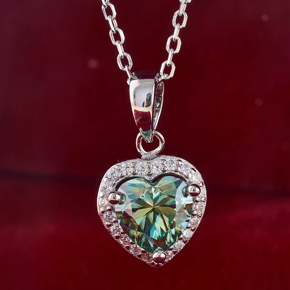 1carat  Moissanite Heart Shape Blue Green Pendant Necklace for Female S925 Sterling Silver Fine Jewelry