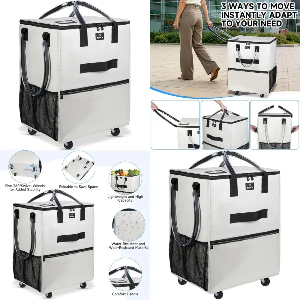 

Foldable 70L Rolling Grocery Tote with 6 Pockets, 3-Way Carry, Heavy-Duty Handles, Zippered Top - Medium Beige