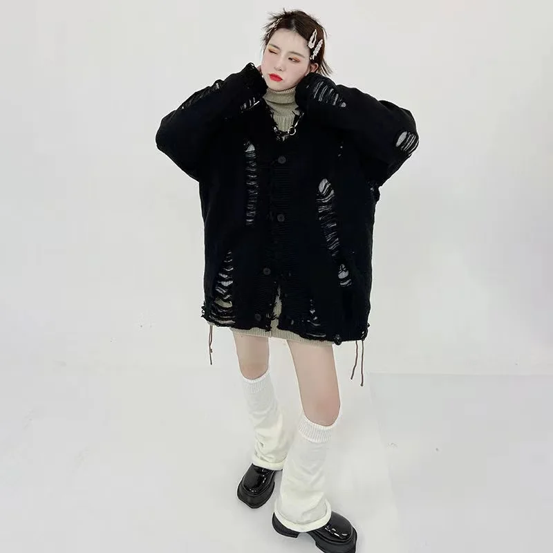 Harajuku New Hole Tassel Sweater Cardigan Y2K Street Retro Fashion Trend Casual Loose Long-sleeved Knit Cardigan For Women