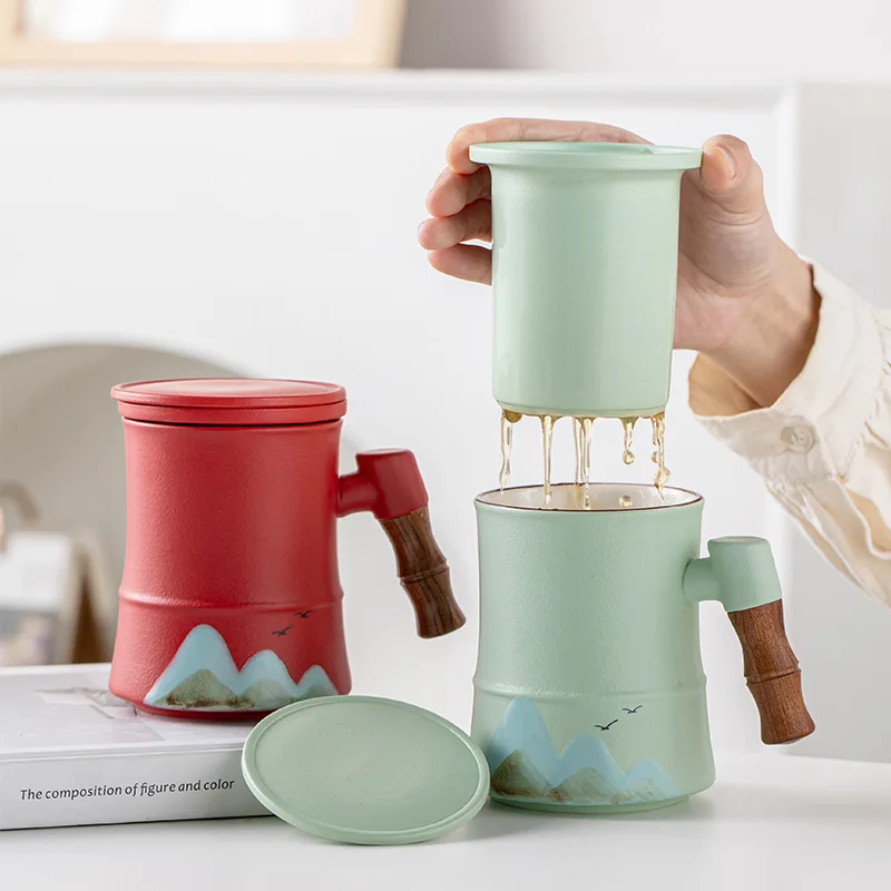 

Керамическая чайная кружка на 400 мл с заварочным устройством и крышкой для листового чая, кружка с деревянной ручкой, кружки, подарки для любителей чая