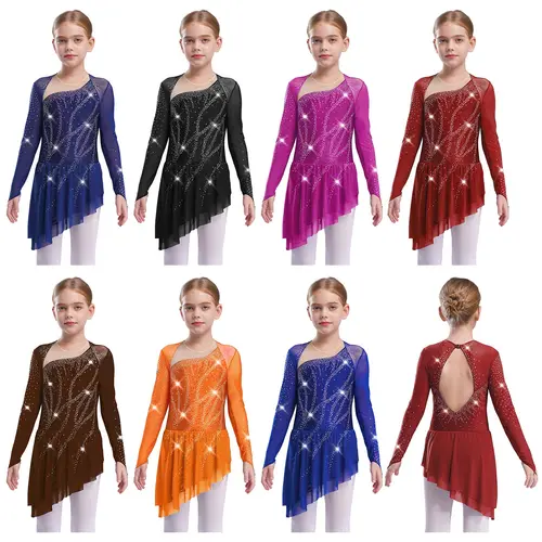 Imagen 2 del producto Vestido de baile lírico moderno para niñas, vestido de malla transparente de manga larga con recortes en la espalda y diamantes de imitación, Ropa de baile lírico para patinaje artístico