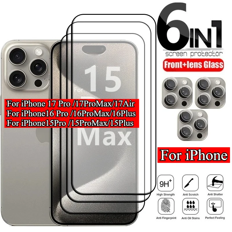

6-in-1 For iPhone 17 Pro Max Glass For iPhone 16 Plus Full Cover Screen Protector For iPhone 11 12 13 14 15 16 17 Pro Max Glass