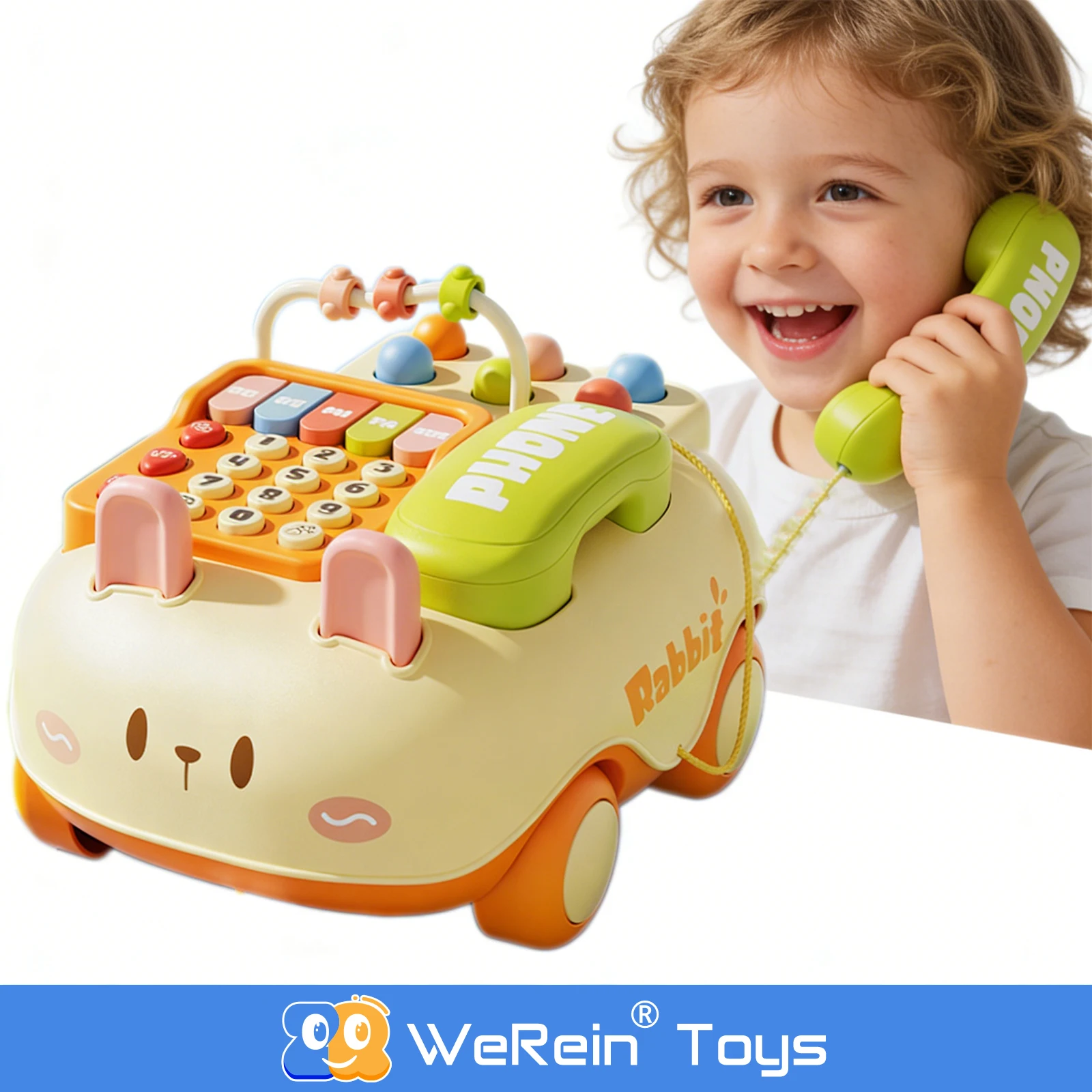 

Развивающая игрушка-телефон в форме кролика с бусинами, машинкой, пианино и кнопками мыши для ролевых игр