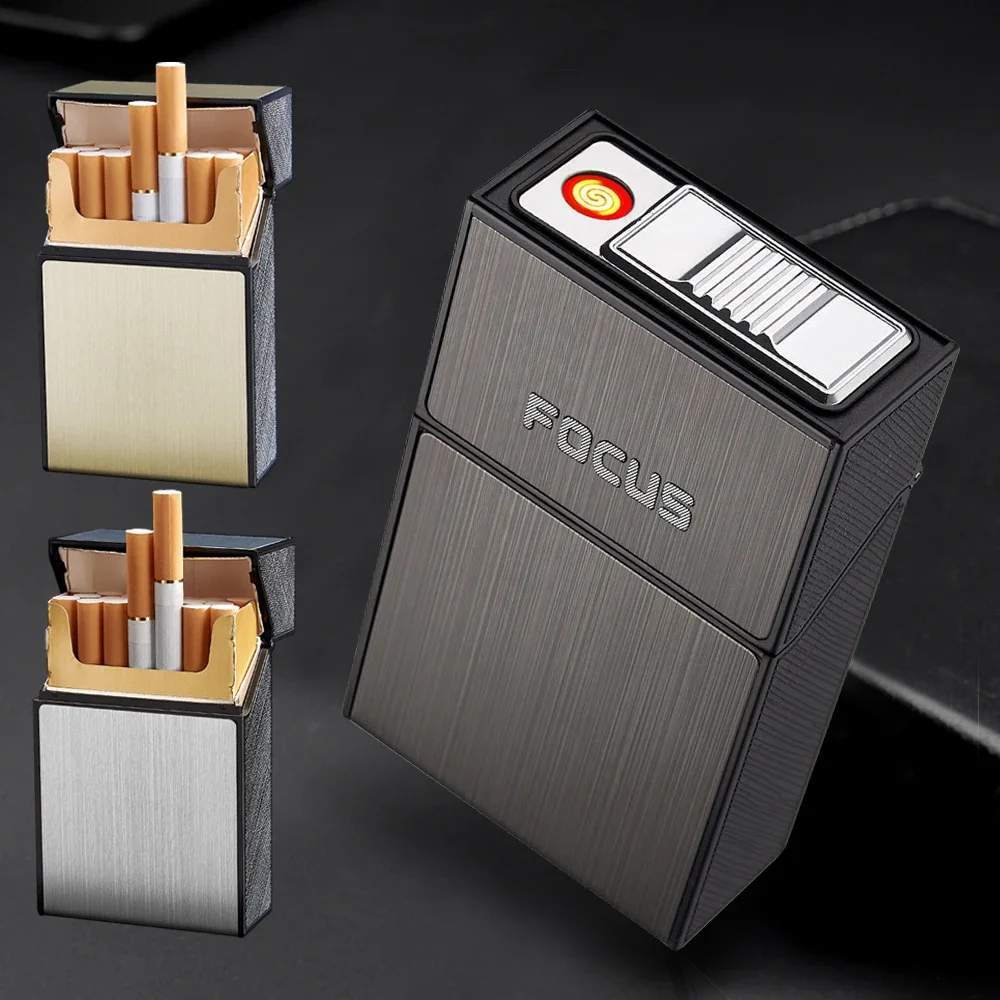 Cigarette Case With USB Rechargeable Lighter Windproof Cigarette Lighter Hold 20pcs Cigarettes Cigar Tobacco Holder Box Men Gift