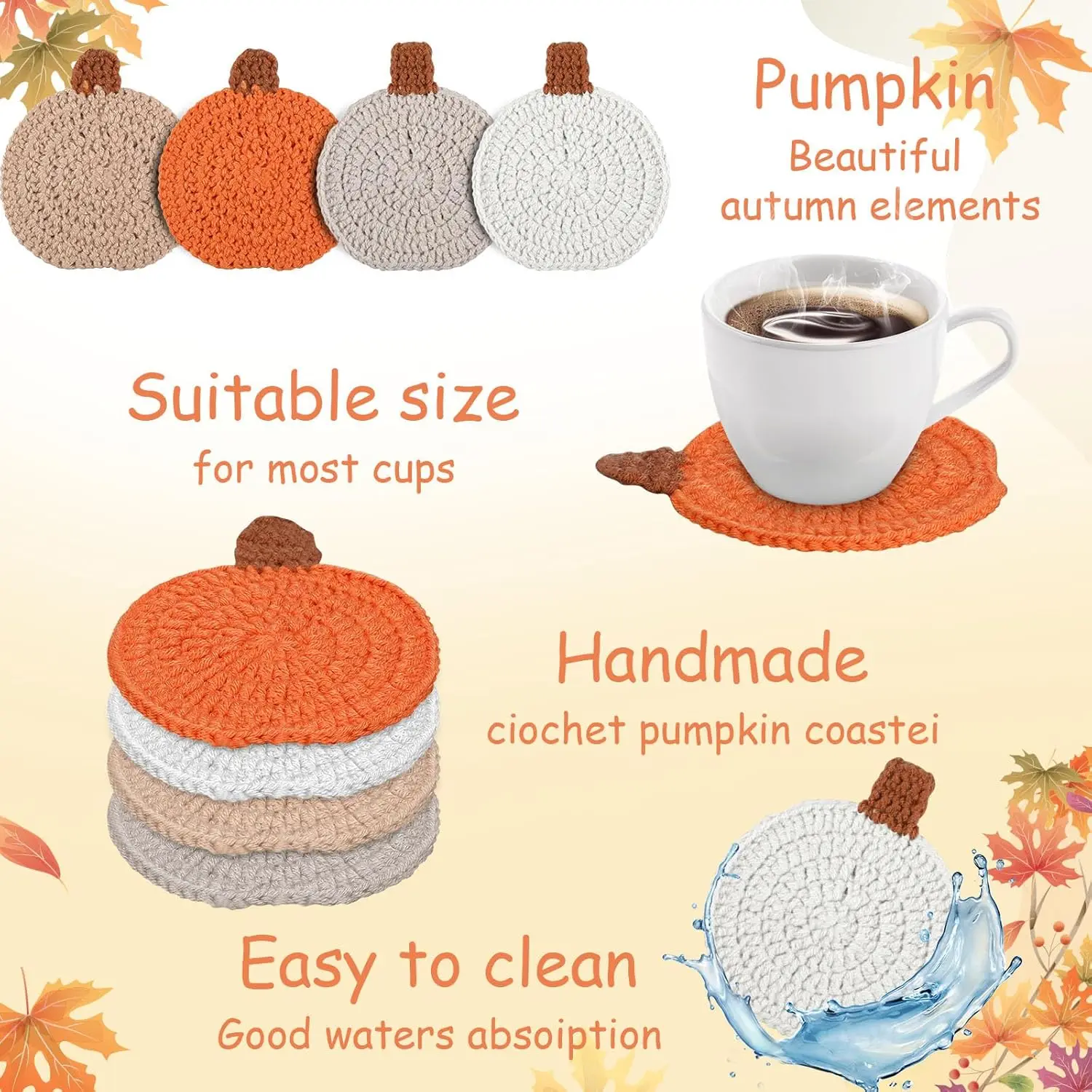4 Pcs Crochet Thanksgiving Pumpkin Coasters, Knitted Handmade Woven Mat, Autumn Harvest Table Party Decor Gift Set view 6