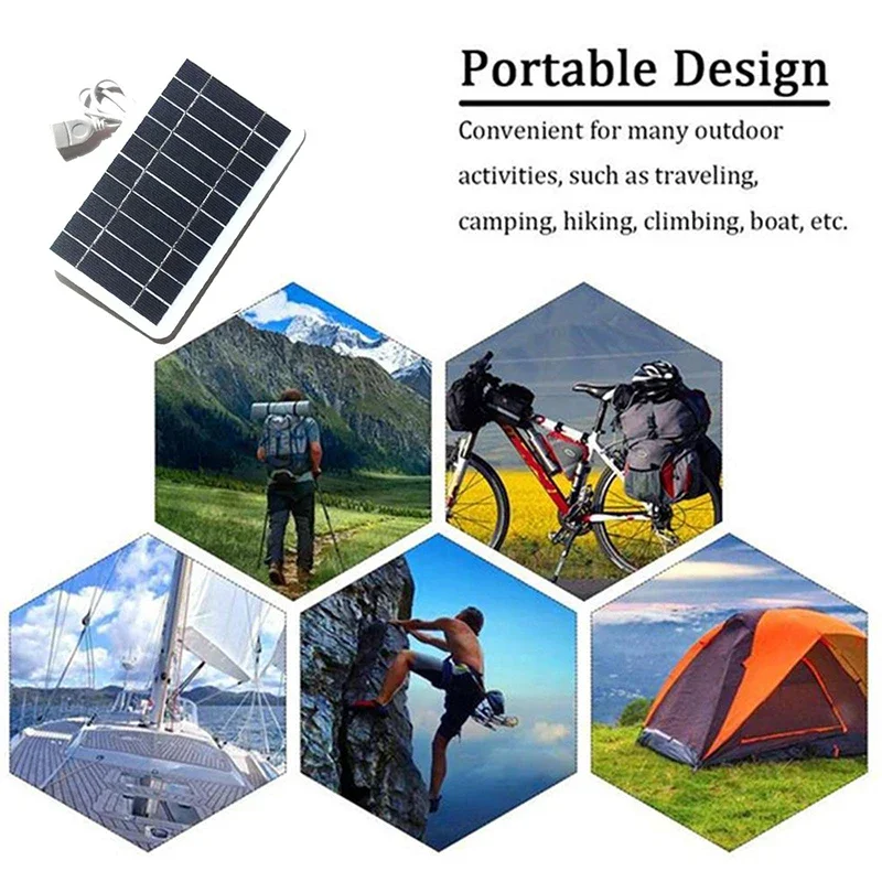 Panel Solar de 2W con USB, cargador de teléfono para exteriores, impermeable para senderismo y Camping, carga Solar portátil, fuente de alimentación móvil de 5V