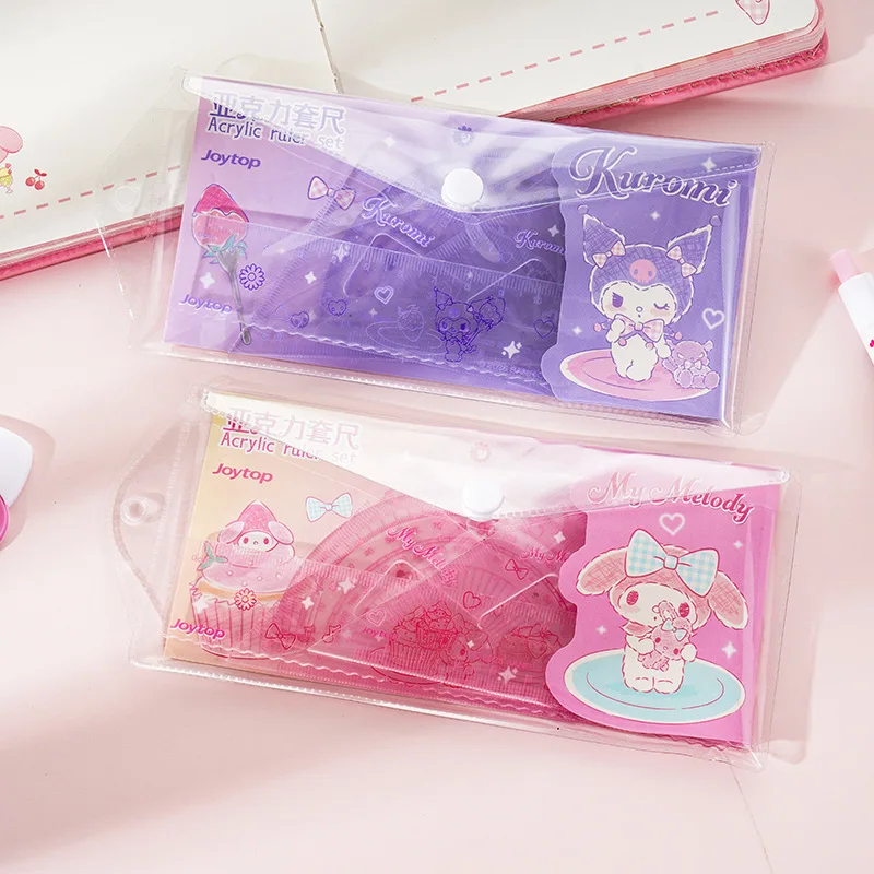 4pcs/Set Cartoon Acrylic My Melody Kuromi Ruler Set Drawing Tool Cute Cinnamoroll Soft Ruler Set Student Office Supplies