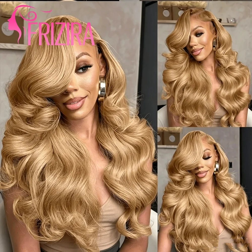 Perruque de cheveux humains avant de dentelle blond miel 13x6 HD 210% densité vague de corps perruques de cheveux humains colorées 27 #   Cheveux brésiliens pré-épilés