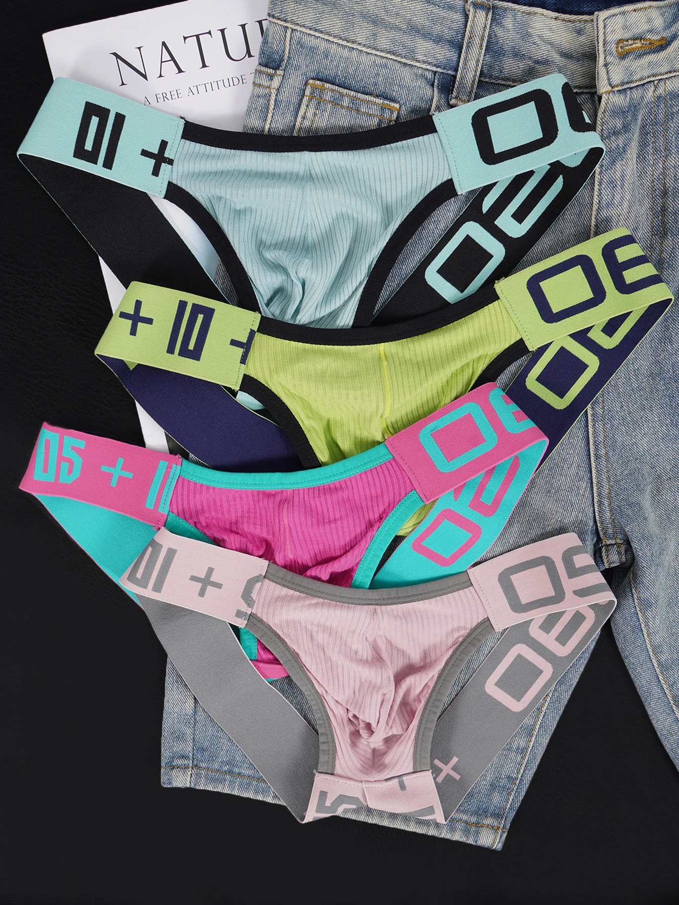 4 PCS Men's Ribbed Textured Colorblock Letter Waistband Double T-Back Thong, Low Rise Sexy Breathable Sports Underwear