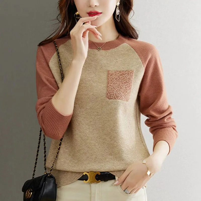 New Autumn Fashion Trend Colorblock Round Neck Loose Versatile Western Style Reducing Age Slimming Women\'s Sweater