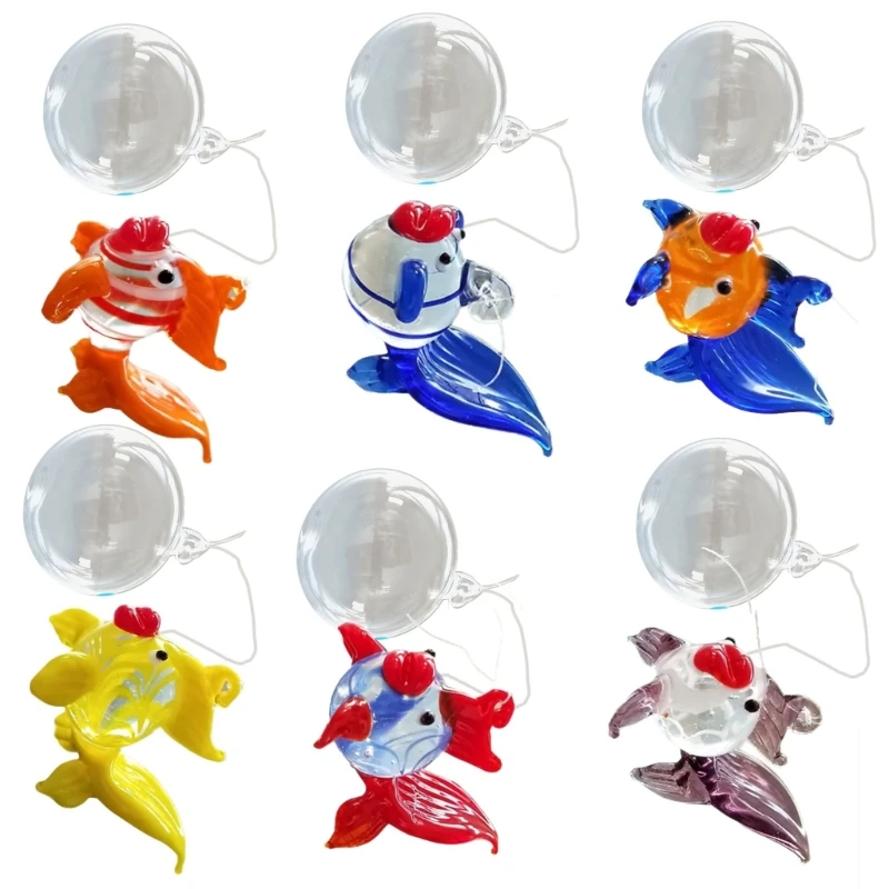 Set of 6 Artistic Glass Hanging Fish with Bubble, Window Charm Aquarium Float Decoration for Home and Office