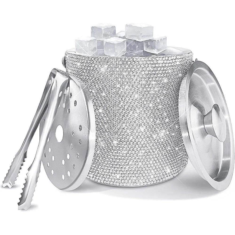 

Double Walled Stainless Steel Ice Bucket with Tong and Lid 2 Liter Insulated Strainer Keeps Ice Cold and Dry for Home Bar
