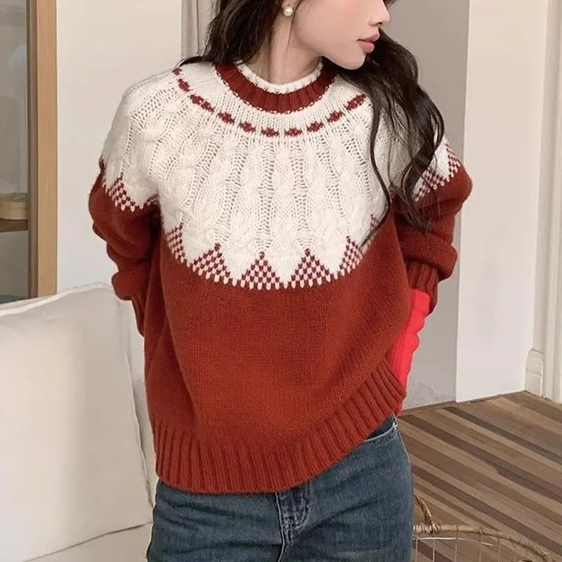 

Vintage Contrasting Colors Sweaters Autumn Winter Stylish Patchwork Women's Clothing Stylish Casual Round Neck Knitted Jumpers