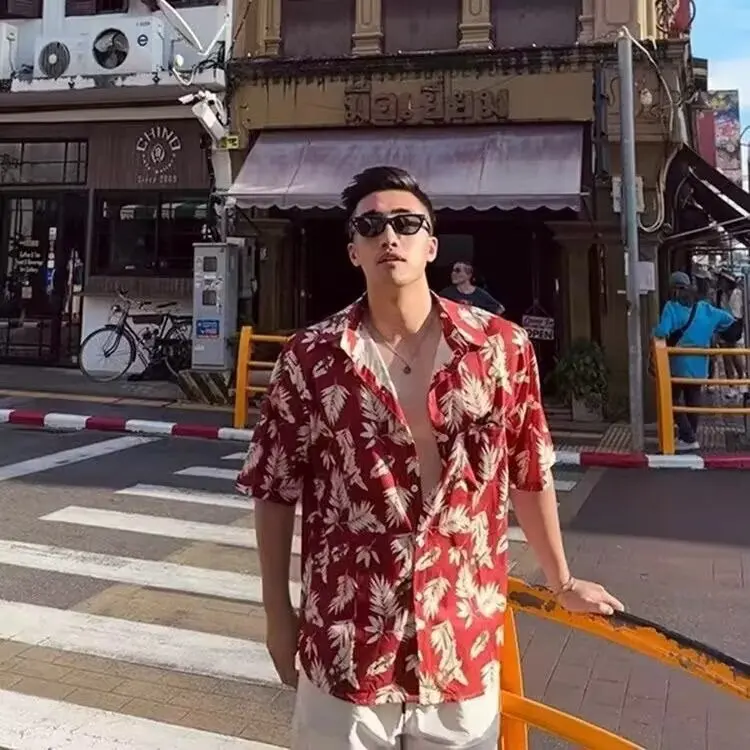 

Loose Men's Red Floral Shirt Short Sleeve Open Cardigan Style Comfortable Breathable Summer Fashion Casual Wear for Teens